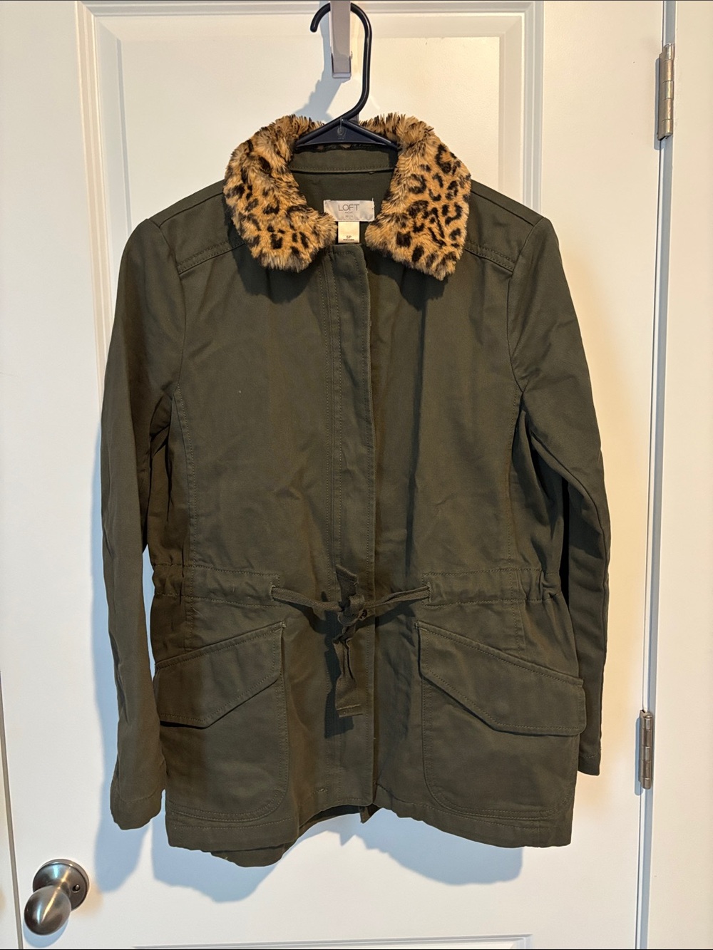 LOFT Olive Utility Jacket with Leopard Faux-Fur Collar